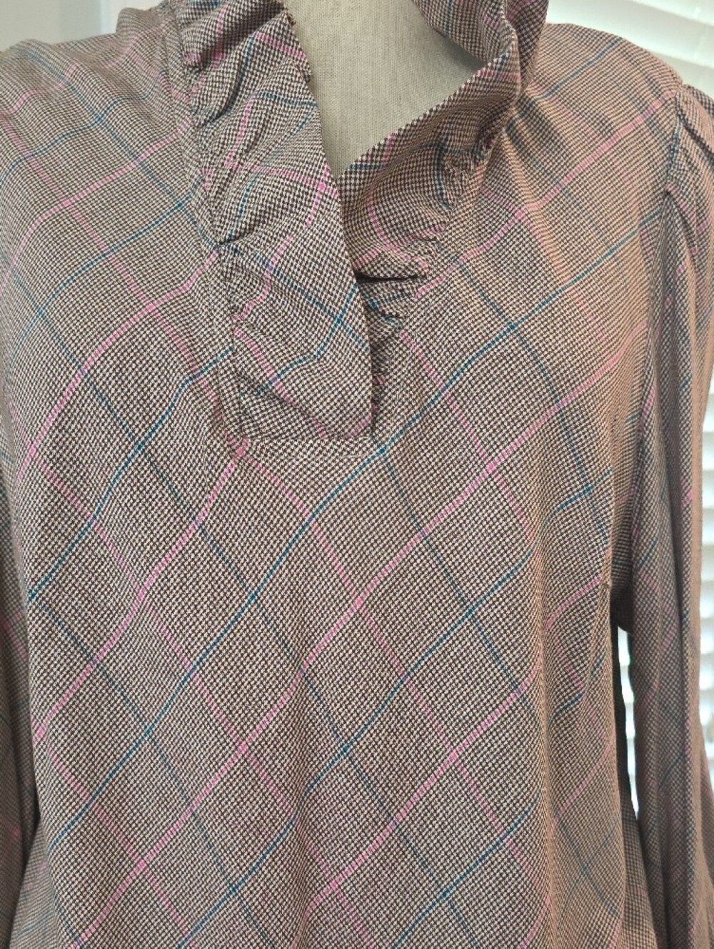 crown & ivy Tan Plaid Blouse with Pink and Blue Accents - Picture 4 of 6